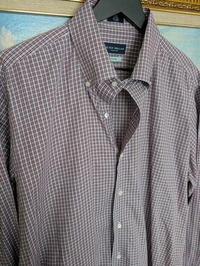 Peter Millar Men’s Burgundy and White Check Button-Down Shirt Large